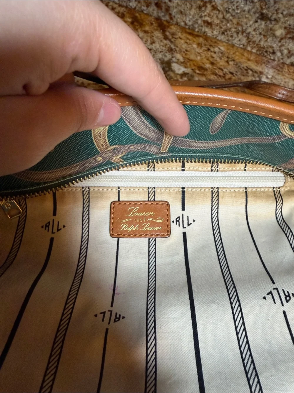 Ralph Lauren Green Printed Tote Bag with Tan Trim